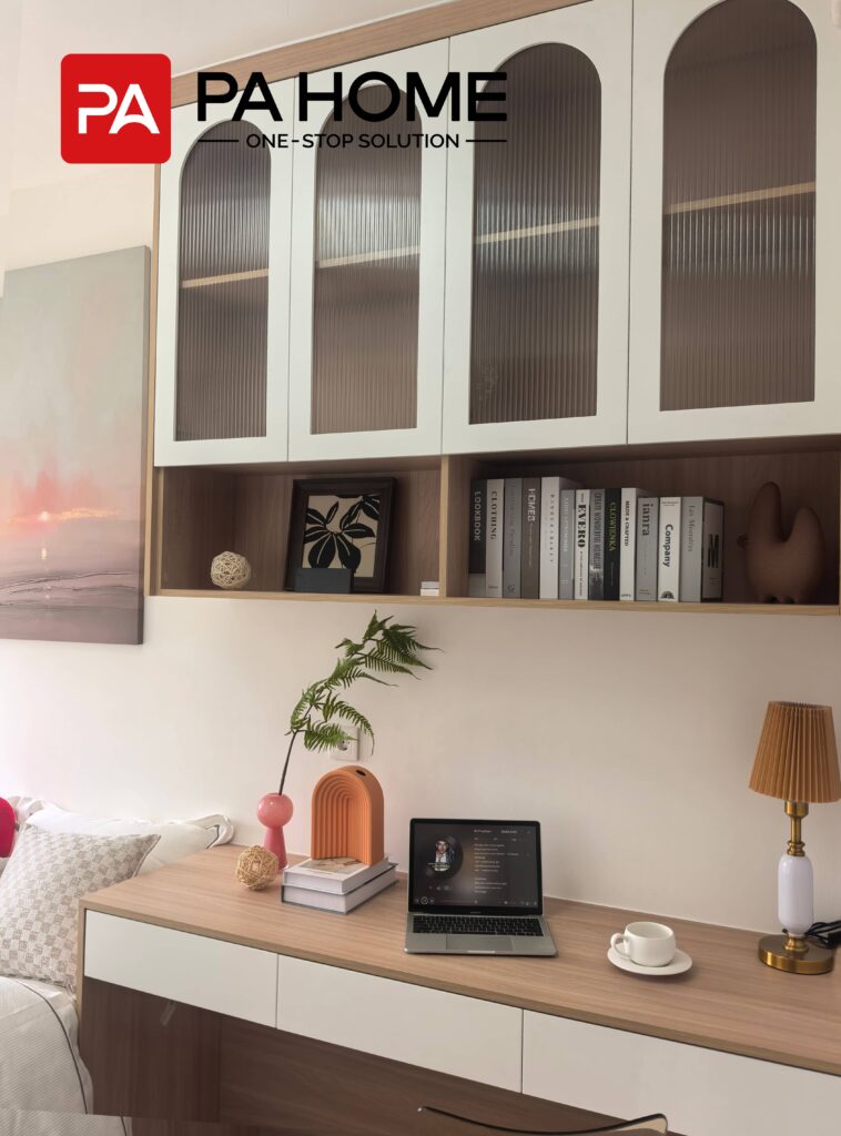 Elegant Tangerang Whole House Custom Interior Project 12 tangerang-whole-house-custom-reeded-glass-door-top-cabinets-and-minimalist-desk-closeup-bedroom