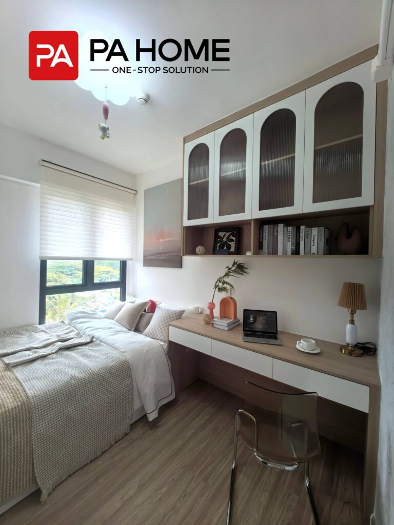 Elegant Tangerang Whole House Custom Interior Project 5 Tangerang bedroom with custom top cabinets, minimalist desk, aluminum window, and wood finishes.