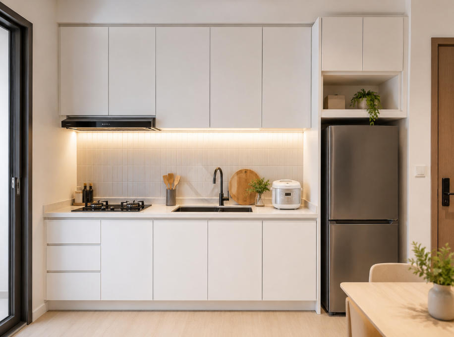 white one-wall kitchen cabinet design for studio apartments