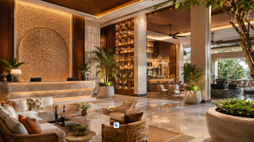 10 Pemasok Renovasi Hotel Terbaik di Indonesia 2026 1 Interior lobby hotel mewah untuk proyek renovasi hotel di Indonesia dengan furniture premium, dekorasi tropis, dan pencahayaan hangat