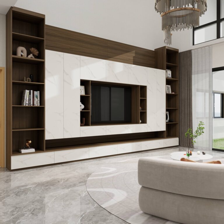 Product - 2 5 Deep wood tone back wall panel combine with white marble texture tv cabinet in livingroom
