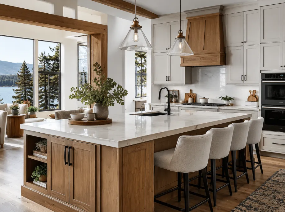 Top 10 Custom Cabinet Manufacturers in Canada (2026) 1 Custom cabinet manufacturers in Canada with modern wood kitchen cabinets and a bright lakeview interior