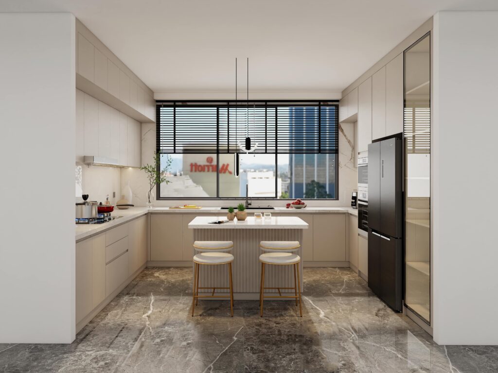 Kabinet dapur modern berbentuk U dengan pulau tengah, kabinet berwarna krem ​​muda, dan peralatan built-in di dapur kontemporer.