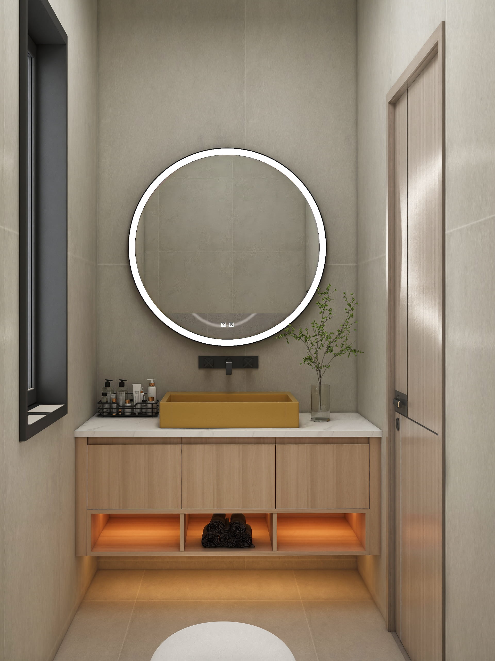 Custom Floating Wood Grain Bathroom Vanity with Open Shelf 3 Compact wood grain bathroom vanity with open shelf, countertop basin, and round LED mirror