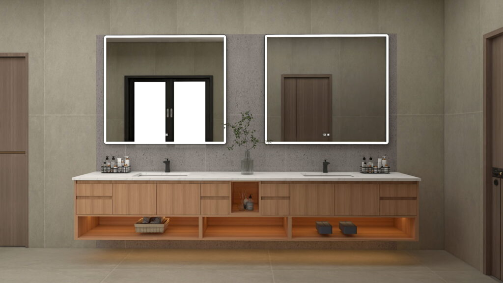 Double sink wood grain bathroom vanity with open shelf storage, drawers, and two rectangular LED mirrors