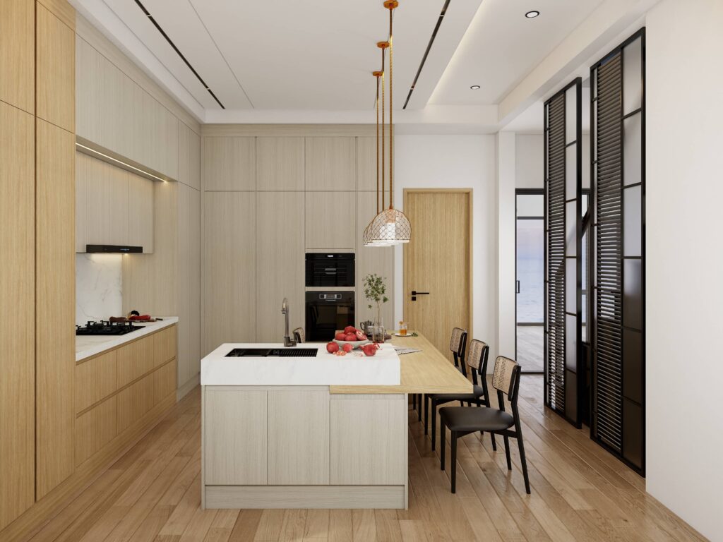 Kabinet dapur kayu terang modern dengan ekstensi meja makan di tengah ruangan, meja dapur putih, dan peralatan terintegrasi dalam dapur berkonsep terbuka.