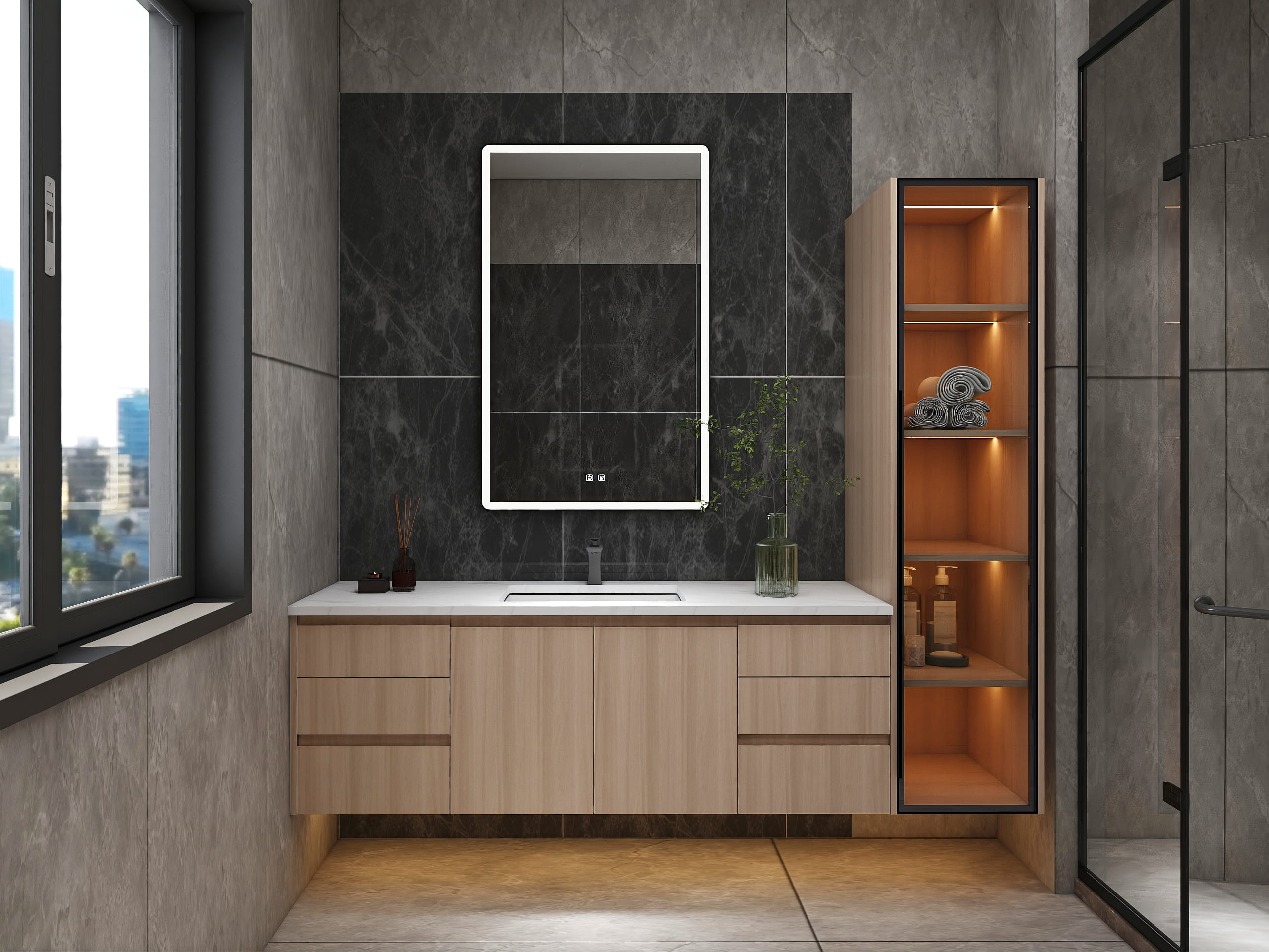 Custom Floating Wood Grain Bathroom Vanity with Open Shelf 4 Modern wood grain bathroom vanity with open shelf, integrated sink, LED mirror, and illuminated side cabinet