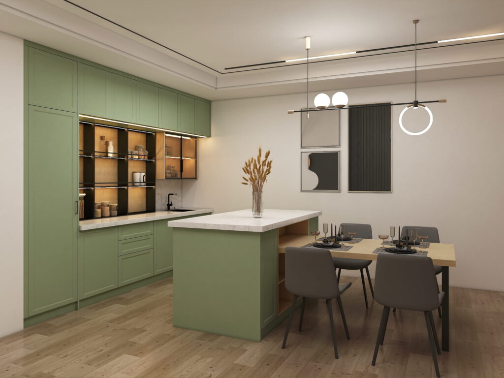 Modern sage green lacquer kitchen cabinets with island dining table, glass display cabinets, and white countertop in a contemporary open kitchen.