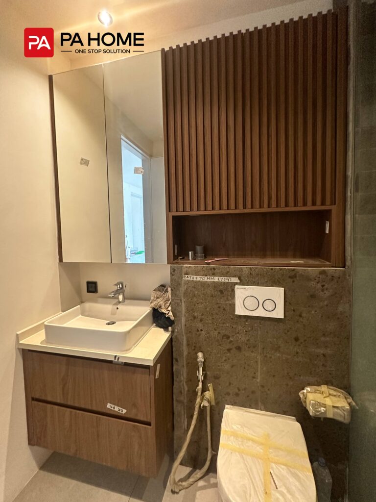 11 Sets Umalas Creek Villa Custom Cabinets in Bali 8 Umalas Creek Villa Custom Cabinets Project bathroom vanity with undermount sink dark wood cabinets and mirrored medicine cabinet