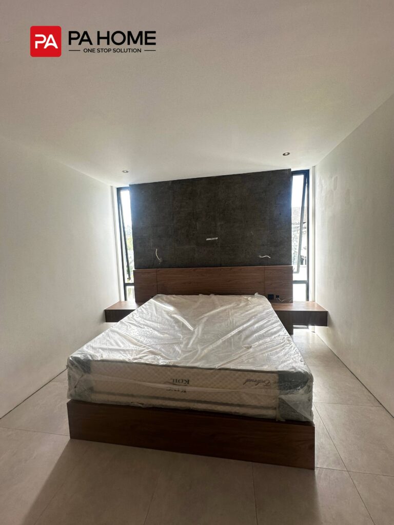 11 Sets Umalas Creek Villa Custom Cabinets in Bali 7 Umalas Creek Villa Custom Cabinets Project bedroom headboard with integrated wood panel and floating nightstands