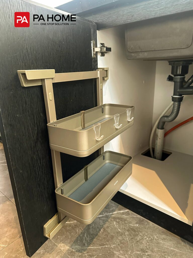 11 Sets Umalas Creek Villa Custom Cabinets in Bali 3 Umalas Creek Villa Custom Cabinets Project under sink pull out organizer with two metal trays and hooks