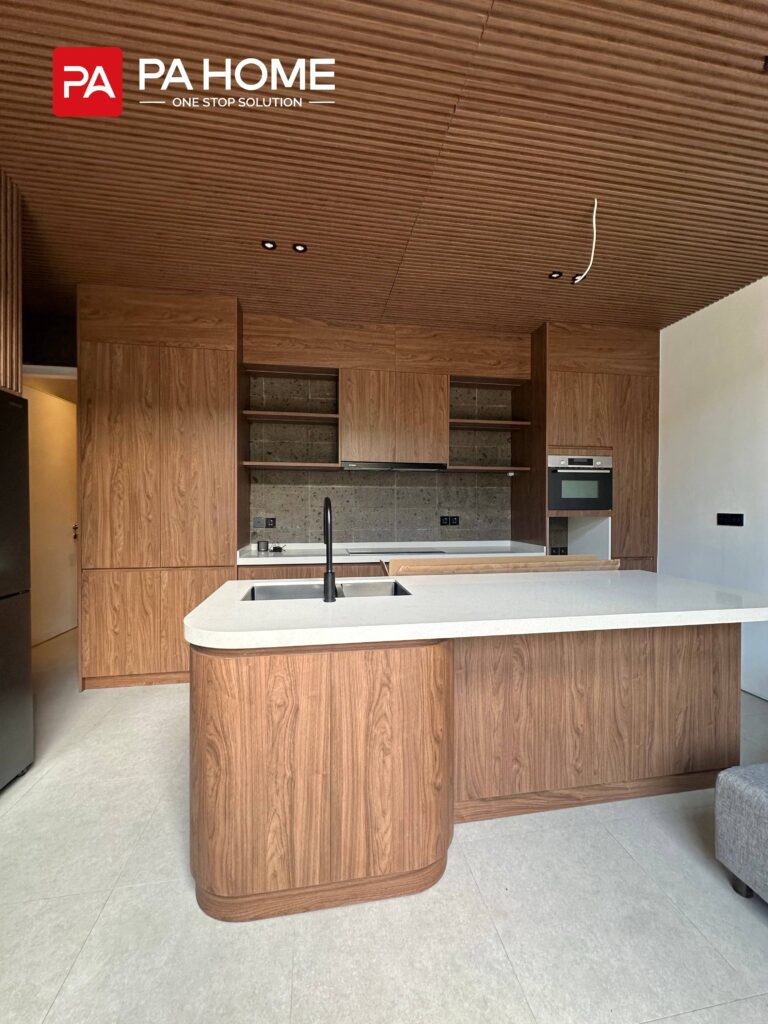 11 Sets Umalas Creek Villa Custom Cabinets in Bali 1 Umalas Creek Villa Custom Cabinets Project wood veneer kitchen island with black matte faucet