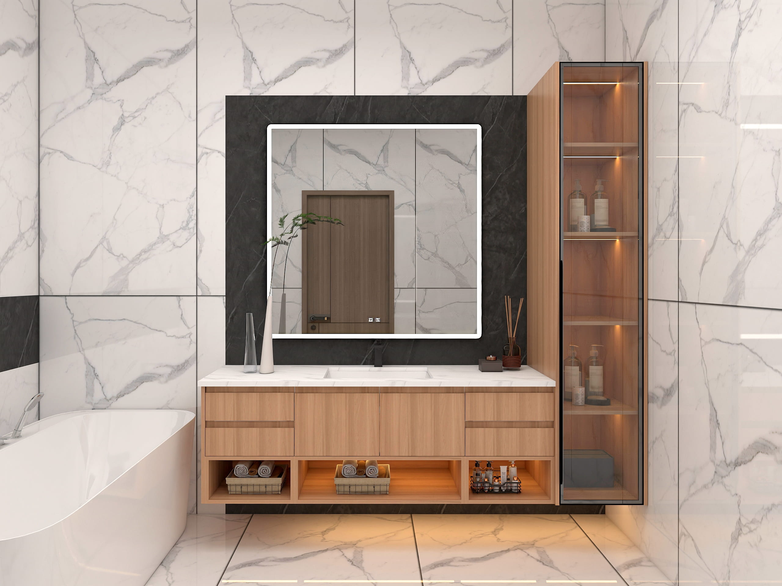 Custom Floating Wood Grain Bathroom Vanity with Open Shelf 5 Wood grain bathroom vanity with open shelf storage, integrated sink, LED mirror, and illuminated glass side cabinet