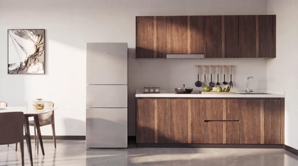 Modern PVC kitchen cabinets with dark wood grain finish, white countertop, and straight kitchen layout in a minimalist home interior.