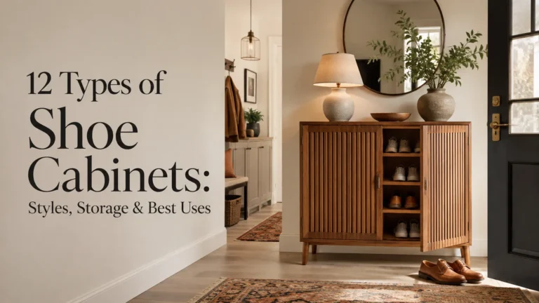 12 types of shoe cabinets guide cover featuring a warm entryway with a wooden shoe cabinet and organized footwear.