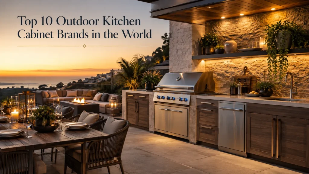 Top 10 Outdoor Kitchen Cabinet Brands in the World 1 Luxury outdoor kitchen featuring premium cabinets, grill, sink, and dining area at sunset.