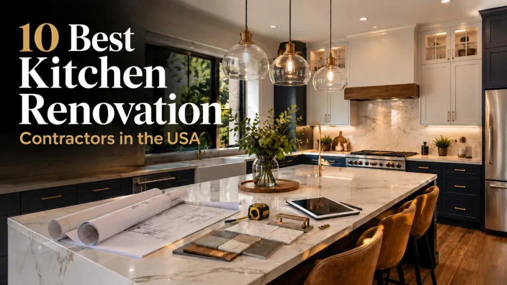 10 Best Kitchen Renovation Contractors in the USA (2026) 1 Modern kitchen renovation contractor featuring custom cabinets, marble island, blueprints, and material samples