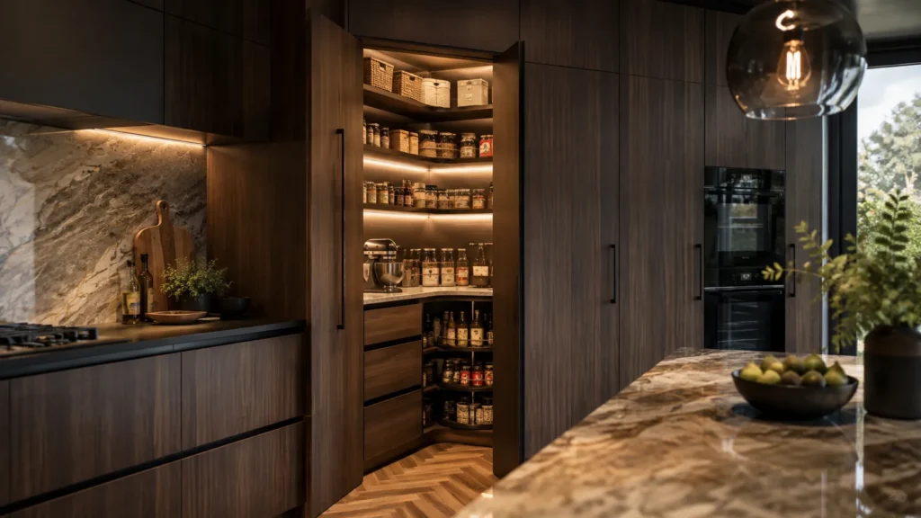 18 Corner Pantry Ideas: Hidden, Small, Walk-In & Custom Designs 1 Modern corner pantry idea with hidden cabinet doors, illuminated shelves, drawers, and appliance storage