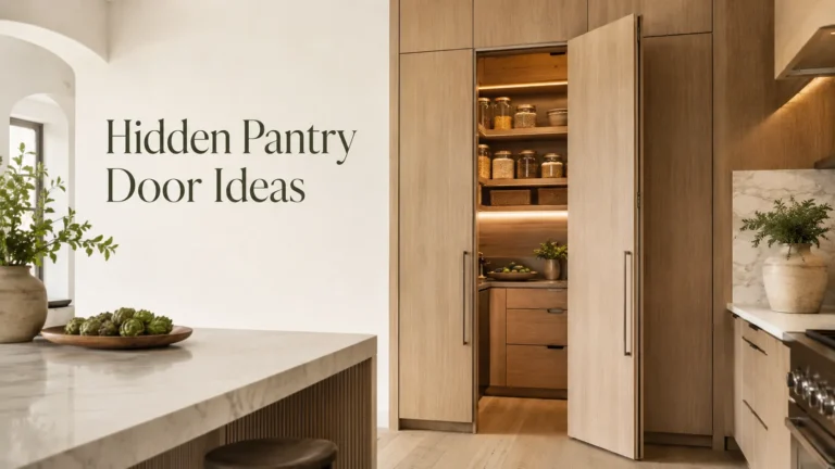 Pintu pantry tersembunyi yang terintegrasi ke dalam lemari kayu setinggi penuh di dapur modern dengan ruang penyimpanan (pantry) yang dapat diakses di baliknya.