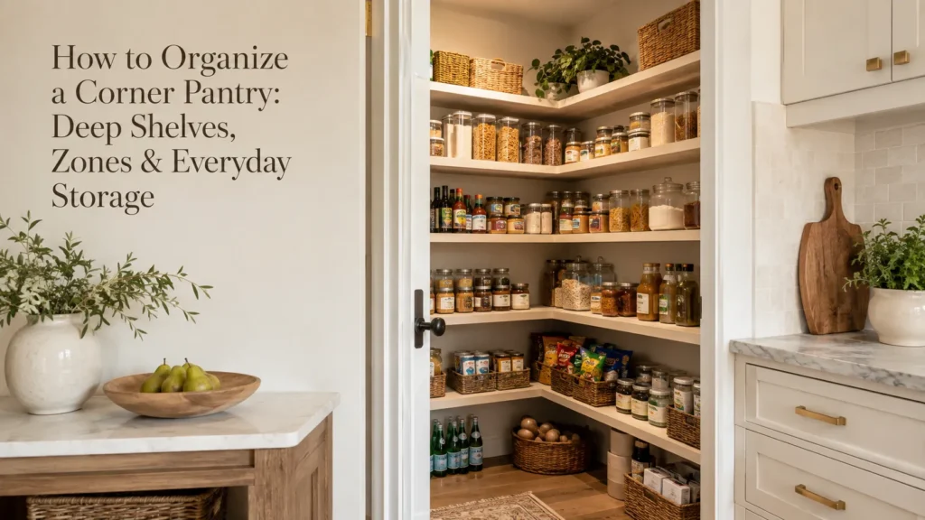 How to Organize a Corner Pantry: Deep Shelves, Zones & Everyday Storage 1 A warm example of how to organize a corner pantry with deep shelves, clear zones, baskets, jars, and everyday food storage.