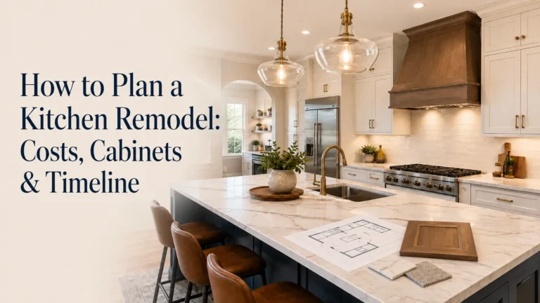 Modern kitchen remodel planning scene with cabinetry, floor plan, material samples, and the title How to Plan a Kitchen Remodel