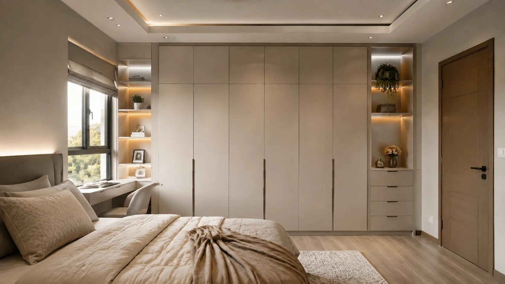 Desain lemari pakaian custom built-in modern dengan warna netral, rak terbuka, dan pencahayaan LED untuk kamar tidur minimalis.
