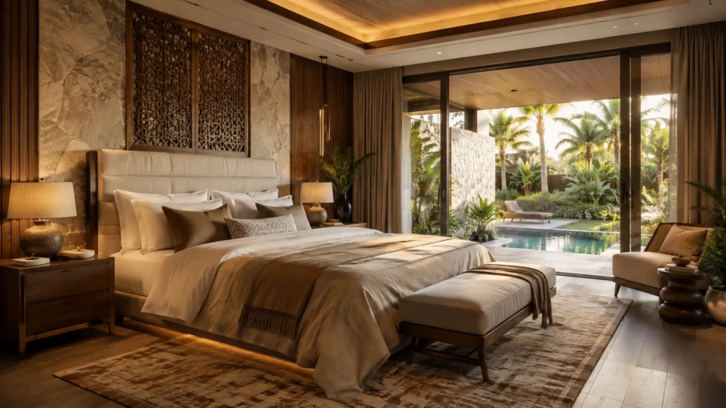15 Luxury Villa Bedroom Design Ideas for 2026 1 Luxury villa bedroom with warm wood, stone feature wall, layered bedding, soft lighting, and poolside garden views