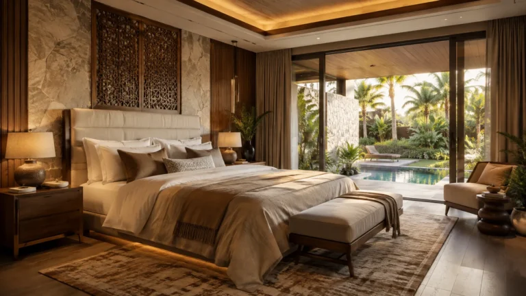 Luxury villa bedroom with warm wood, stone feature wall, layered bedding, soft lighting, and poolside garden views