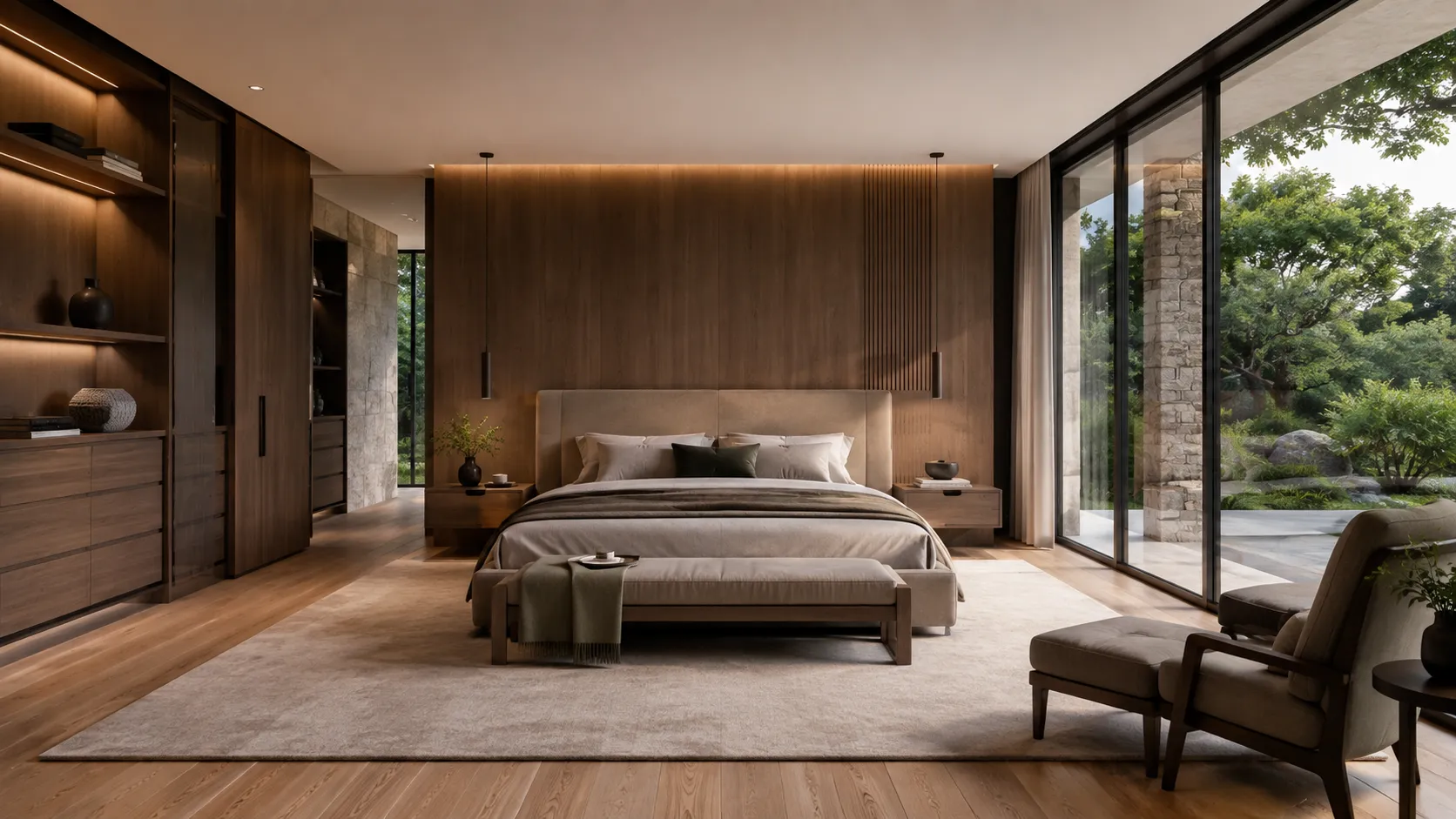 Modern villa bedroom design with integrated wood cabinetry, upholstered headboard, and floor-to-ceiling garden views