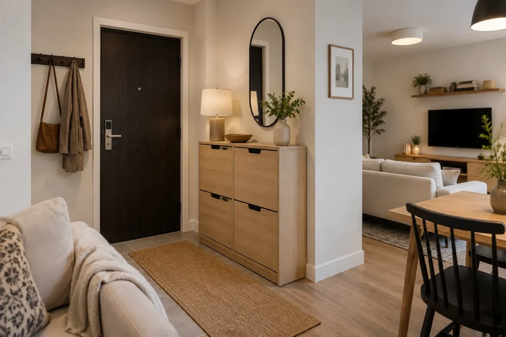14 Entryway Shoe Cabinet Ideas for Small Homes and Apartments 1 Entryway shoe cabinet in a small open-plan apartment with the living and dining areas nearby.