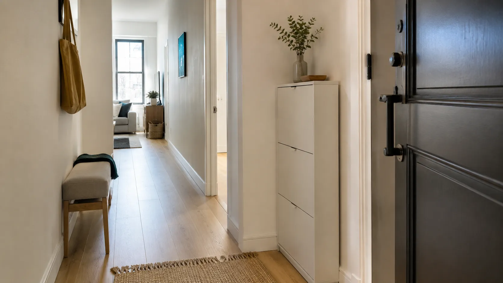 Slim white shoe cabinet beside the front door in a narrow apartment hallway with a small bench opposite.