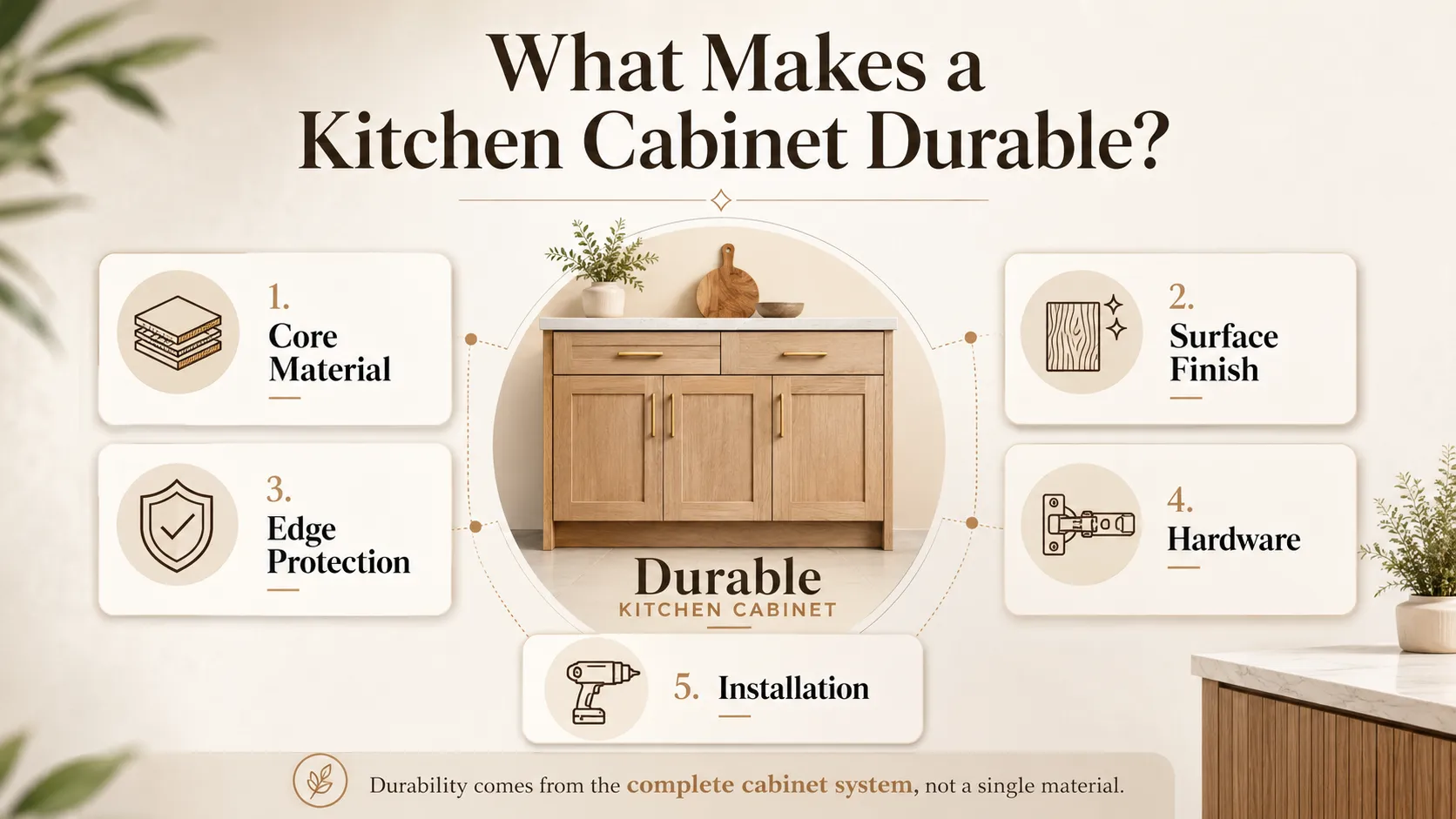 A kitchen cabinet durability system showing five key factors: core material, surface finish, edge protection, hardware, and installation quality.