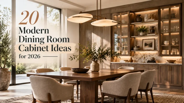 Modern dining room cabinets with illuminated open display niches, closed storage, ceramics, artwork, books, and a wood dining table.