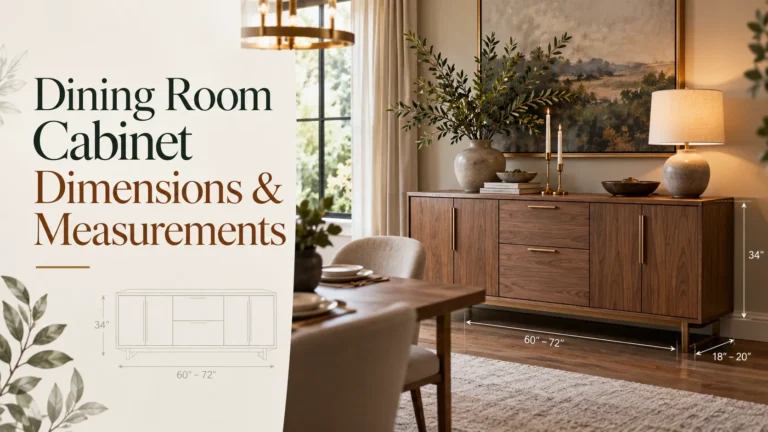 Modern dining room featuring a wooden cabinet with measurement annotations, showing standard dining room cabinet dimensions including width, height, and depth in a warm contemporary interior.