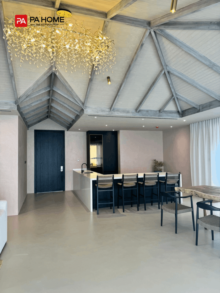 Maldives Villa Heaven Resort Whole House Customization Project 5 maldives villa whole house custom open plan kitchen island with bar seating under vaulted ceiling