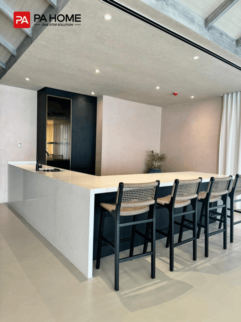 Maldives Villa Heaven Resort Whole House Customization Project 8 maledives-villa-heaven-resort-project-kitchen-cabinet-with-large-l-shaped-countertop-integrate-diningarea-wm