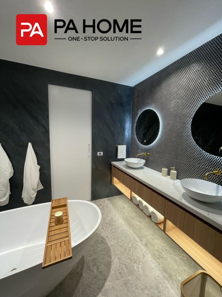 Luxury Whole House Custom in Melbourne 13 Luxury-Whole-House-Custom-in-Melbourne-penny-round-tile-vanity-with-dual-sinks