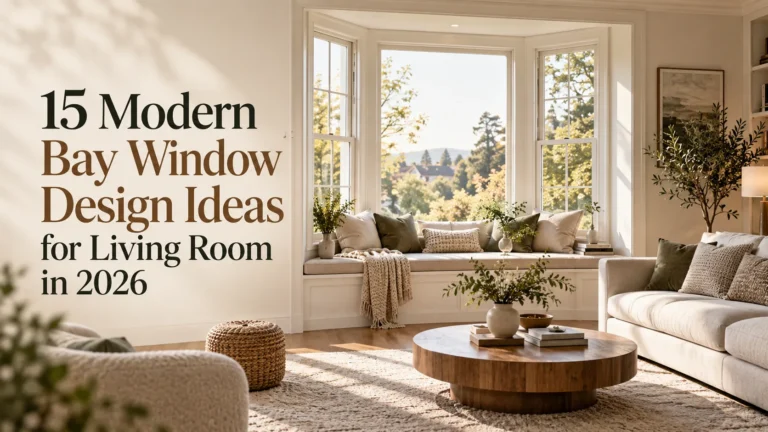 Modern living room featuring a large bay window, built-in window seat, neutral furnishings, natural light, and contemporary interior design