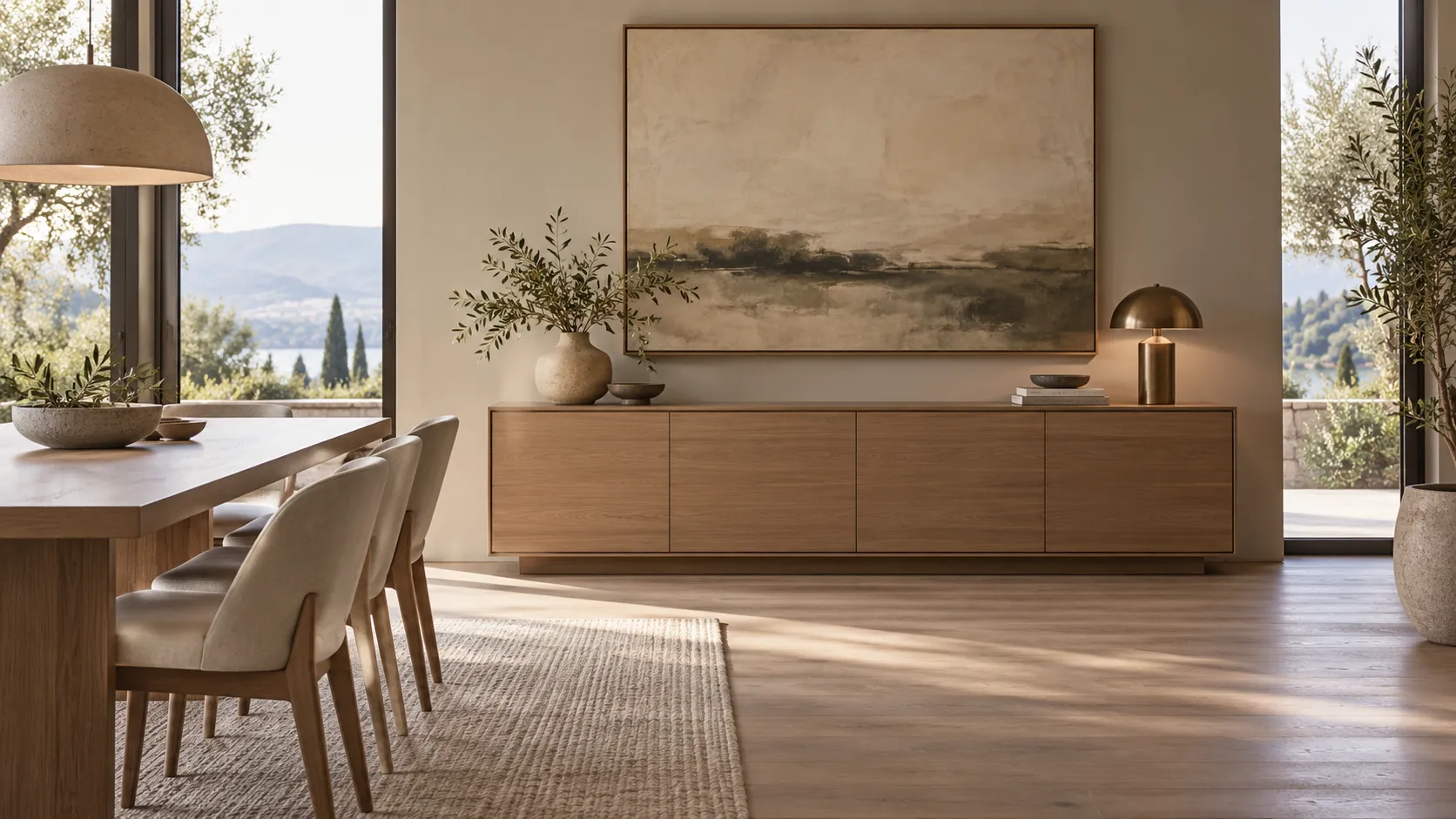 Modern dining room with a low wood sideboard, dining table, upholstered chairs, and large windows.