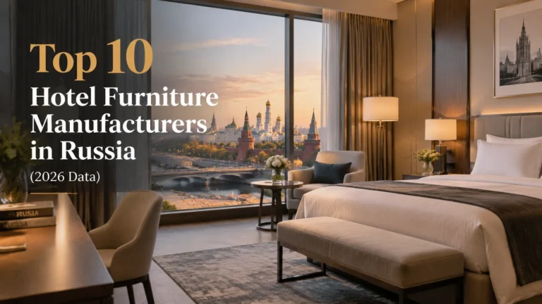 Luxury hotel room interior overlooking Moscow skyline, featuring premium hospitality furniture for Russia hotel furniture manufacturers guide.