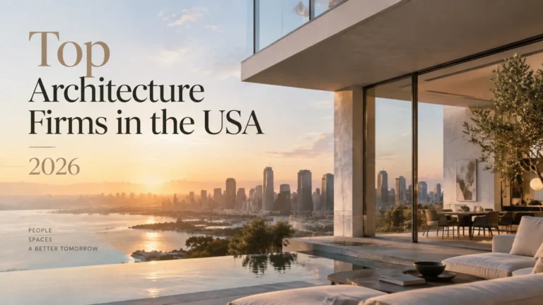 Modern luxury architectural space overlooking a city skyline representing top architecture firms in the USA 2026