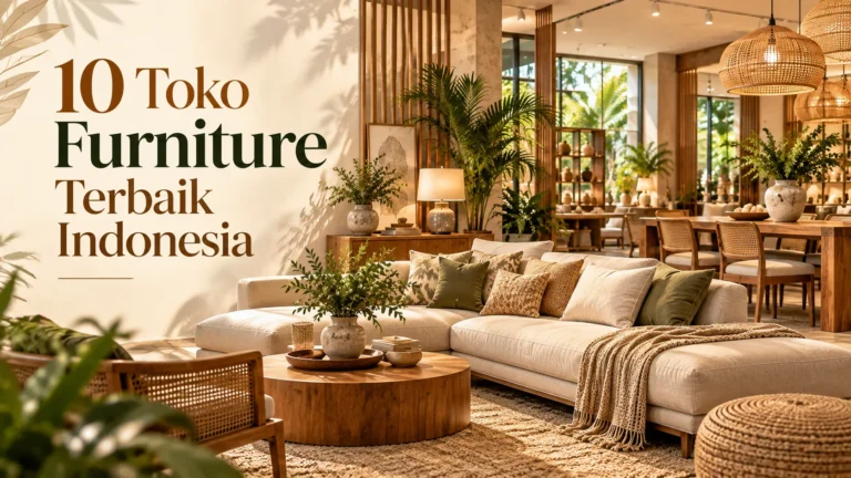 Interior showroom furniture modern dengan sofa, meja makan, dekorasi rumah, dan judul 10 Toko Furniture Terbaik Indonesia.