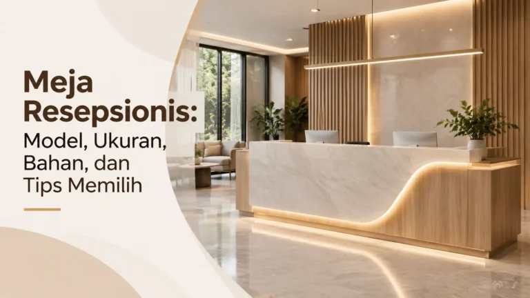 Meja resepsionis modern dengan desain kayu dan marmer di lobi kantor