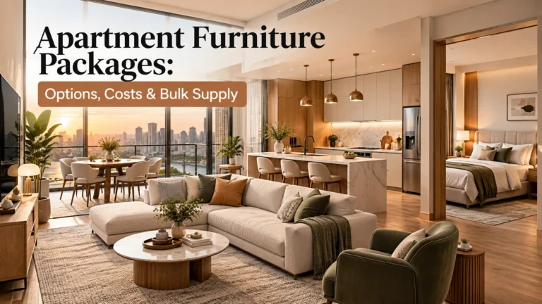 Apartment furniture packages cover image featuring a modern furnished apartment with a living room, dining area, kitchen cabinetry, and bedroom.