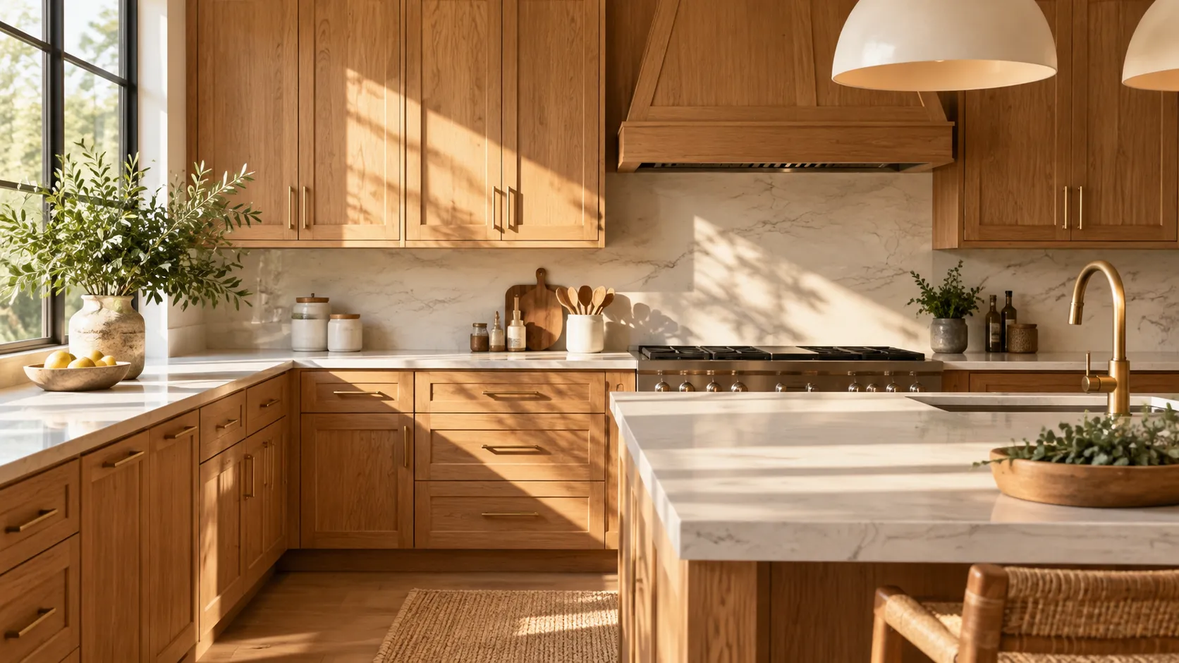 Kabinet dapur kayu ek hangat dengan finishing bersih, meja dapur putih, dan cahaya alami dalam dapur modern.