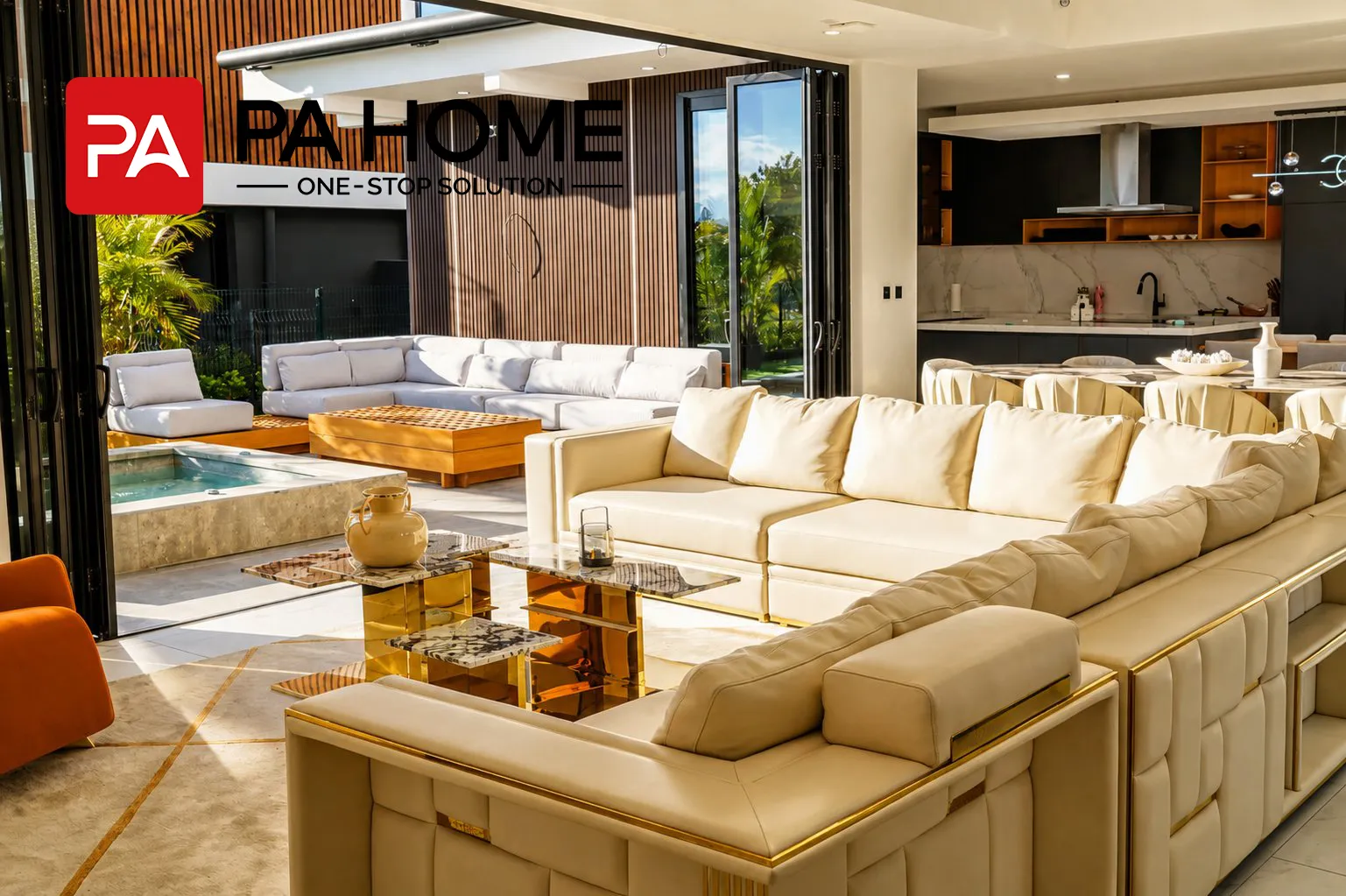 Modern luxury villa living room opening onto a poolside terrace in Costa Rica