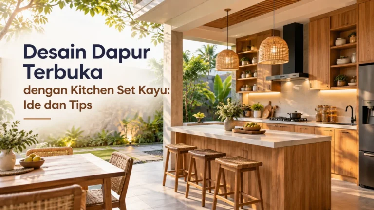 Desain dapur terbuka dengan kitchen set kayu, meja island, kursi rotan, dan area makan yang menghadap taman.