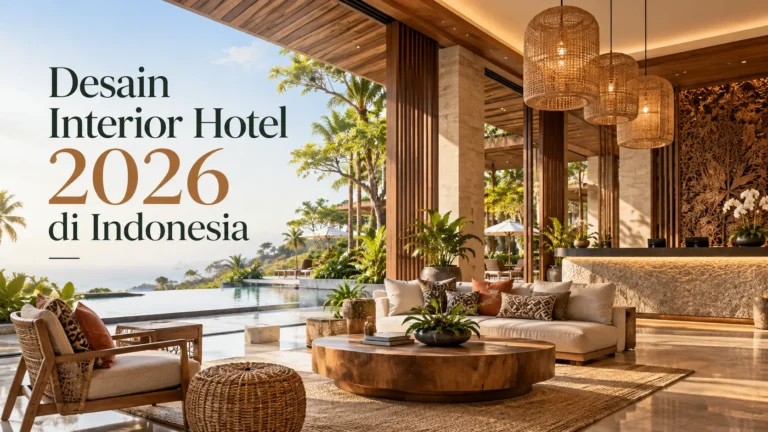 Desain interior hotel 2026 di Indonesia dengan lobby tropis modern, furniture kayu, lampu rotan, meja resepsionis, dan pemandangan kolam renang.