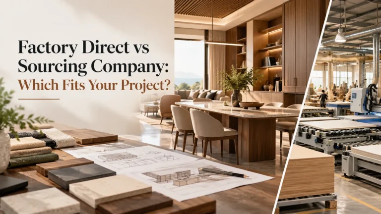 Factory direct furniture vs sourcing company cover showing a custom furniture interior, material samples, and a manufacturing workshop