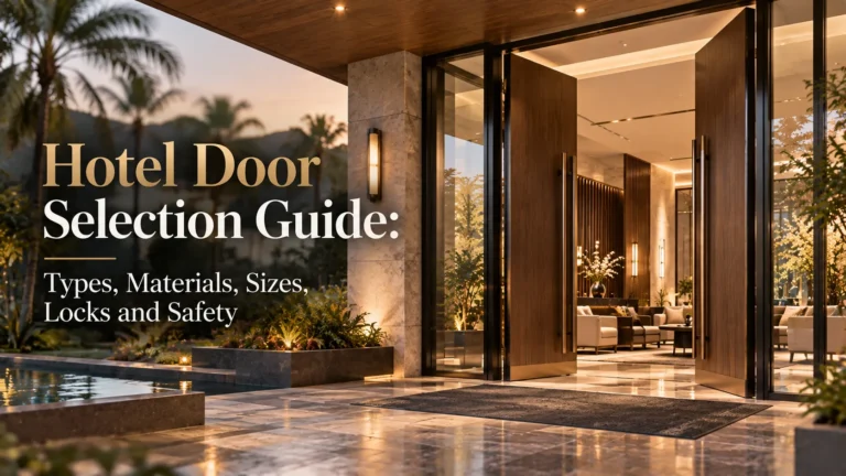 Hotel Door Selection Guide cover featuring a luxury hotel entrance with large wooden doors, glass walls, and warm interior lighting.